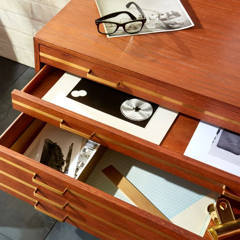 Inline Oak Wood 4-Drawer File Cabinet With Brass Handles 6 Inline Oak Wood 4-Drawer File Cabinet With Brass Handles - Image 4