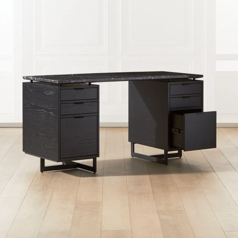 Fullerton 6-Drawer Black Oak Wood Desk With Black Marble Top 5 Fullerton 6-Drawer Black Oak Wood Desk With Black Marble Top - Image 3