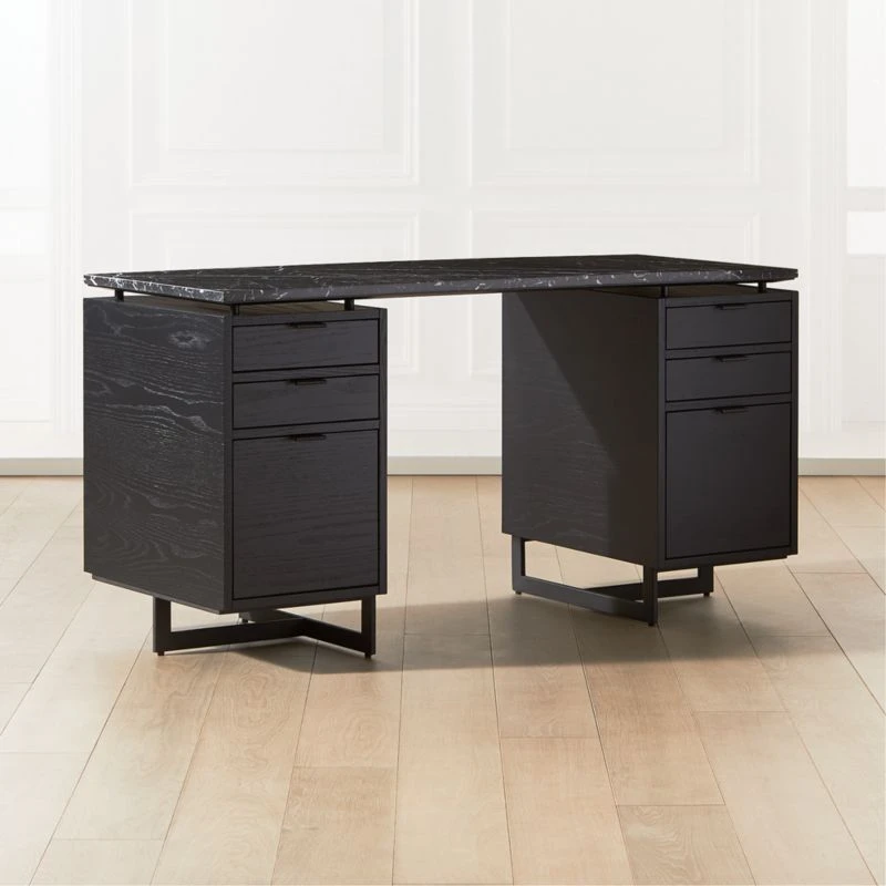Fullerton 6-Drawer Black Oak Wood Desk With Black Marble Top 4 Fullerton 6-Drawer Black Oak Wood Desk With Black Marble Top - Image 2