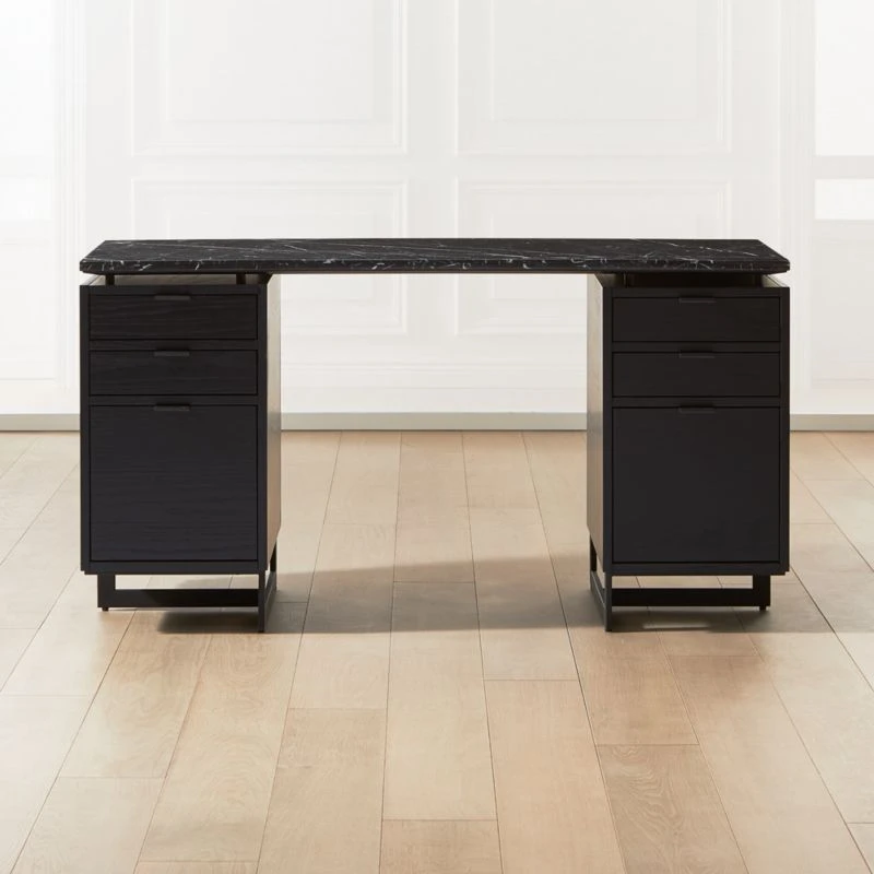 Fullerton 6-Drawer Black Oak Wood Desk With Black Marble Top 3 Fullerton 6-Drawer Black Oak Wood Desk With Black Marble Top