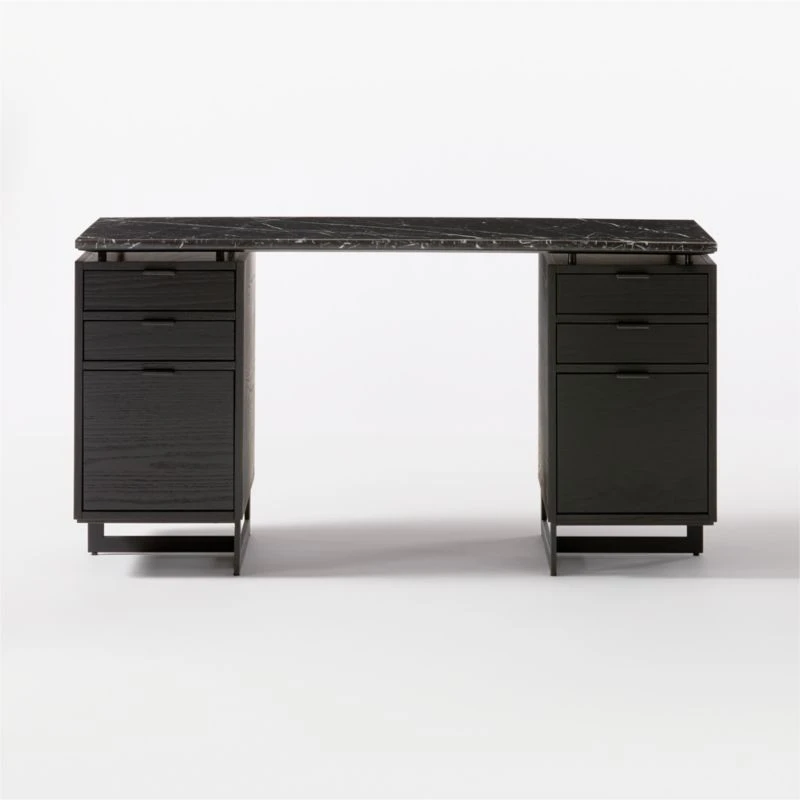 Fullerton 6-Drawer Black Oak Wood Desk With Black Marble Top 6 Fullerton 6-Drawer Black Oak Wood Desk With Black Marble Top - Image 4