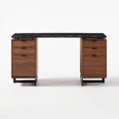 Fullerton 6-Drawer Walnut Wood Desk With Black Marble Top -Furniture Sale FullertonModBkDkW2WltDrwSOF20