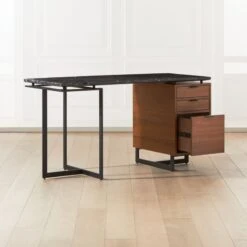Fullerton 3-Drawer Metal And Walnut Wood Desk With Black Marble Top -Furniture Sale FullertonModBkDkWWlDrNLgAV2SHF20 1x1