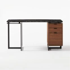 Fullerton 3-Drawer Metal And Walnut Wood Desk With Black Marble Top -Furniture Sale FullertonModBkDkWWlDrNLgSOF20
