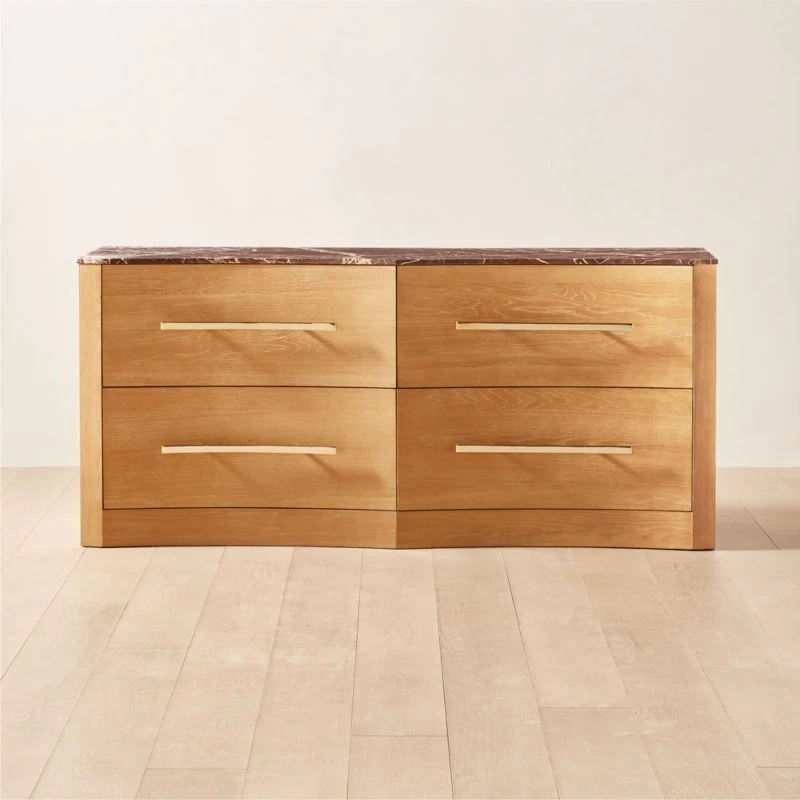 Kingsbury Low 4-Drawer Curved Oak Wood Dresser With Marble Top 3 Kingsbury Low 4-Drawer Curved Oak Wood Dresser With Marble Top