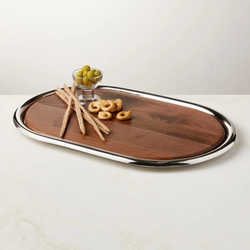 Piero Oval Stainless Steel And Walnut Serving Tray Set 4 Piero Oval Stainless Steel And Walnut Serving Tray Set - Image 2