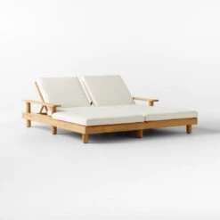 Pinet Teak Outdoor Double Chaise Lounge With Textured Ivory Perennials® Cushions -Furniture Sale PinetTeakDoubleChaise3QSSS23