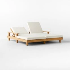 Pinet Teak Outdoor Double Chaise Lounge With Textured Ivory Perennials® Cushions -Furniture Sale PinetTeakDoubleChaiseAVSSS23