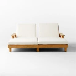 Pinet Teak Outdoor Double Chaise Lounge With Textured Ivory Perennials® Cushions -Furniture Sale PinetTeakDoubleChaiseSOSSS23