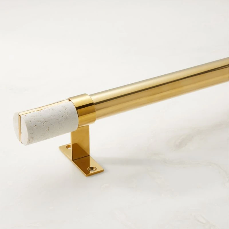 Brax Polished Brass Curtain Rod With Travertine Finial 28''-48''x1.25'' 3 Brax Polished Brass Curtain Rod With Travertine Finial 28''-48''x1.25''