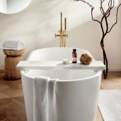 Teak Natural Round Bathroom Stool -Furniture Sale WhiteMarbleBathCaddyJN21 1x1